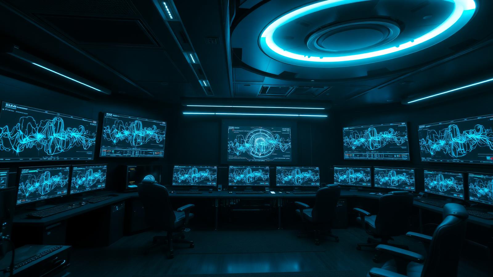 Sala de orquestração de IA com múltiplos monitores