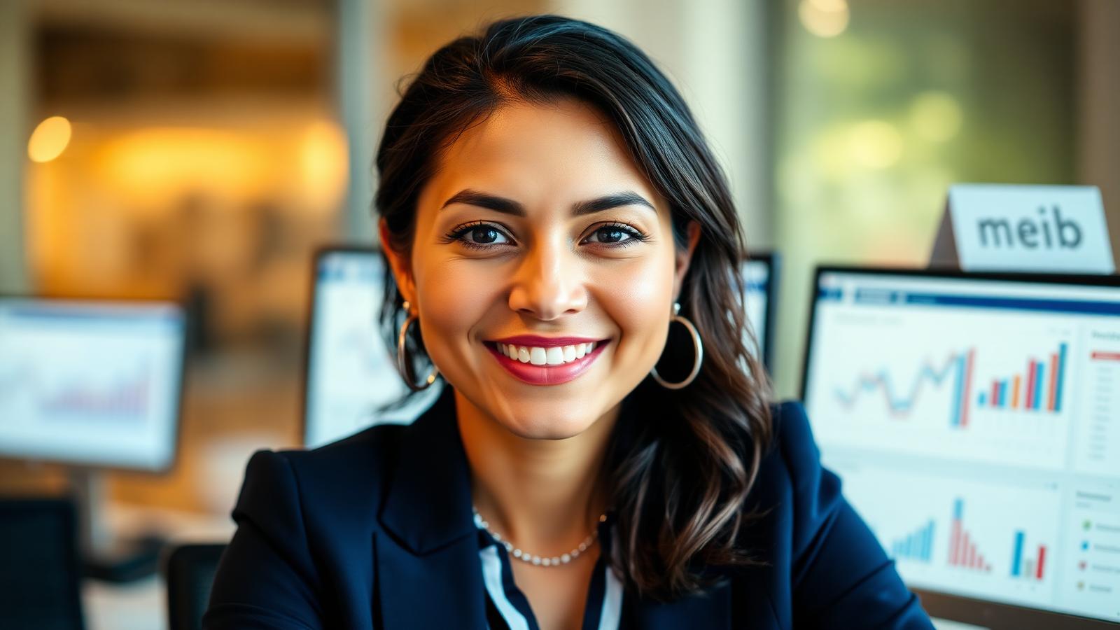 Profissional de marketing sorrindo em ambiente de trabalho