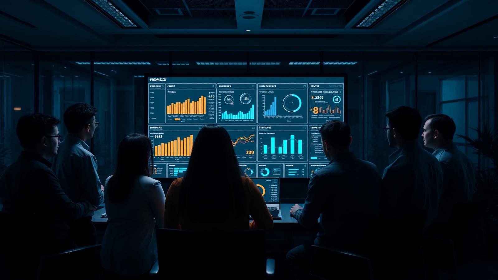 Time executivo analisando dashboards de KPI em sala de reunião