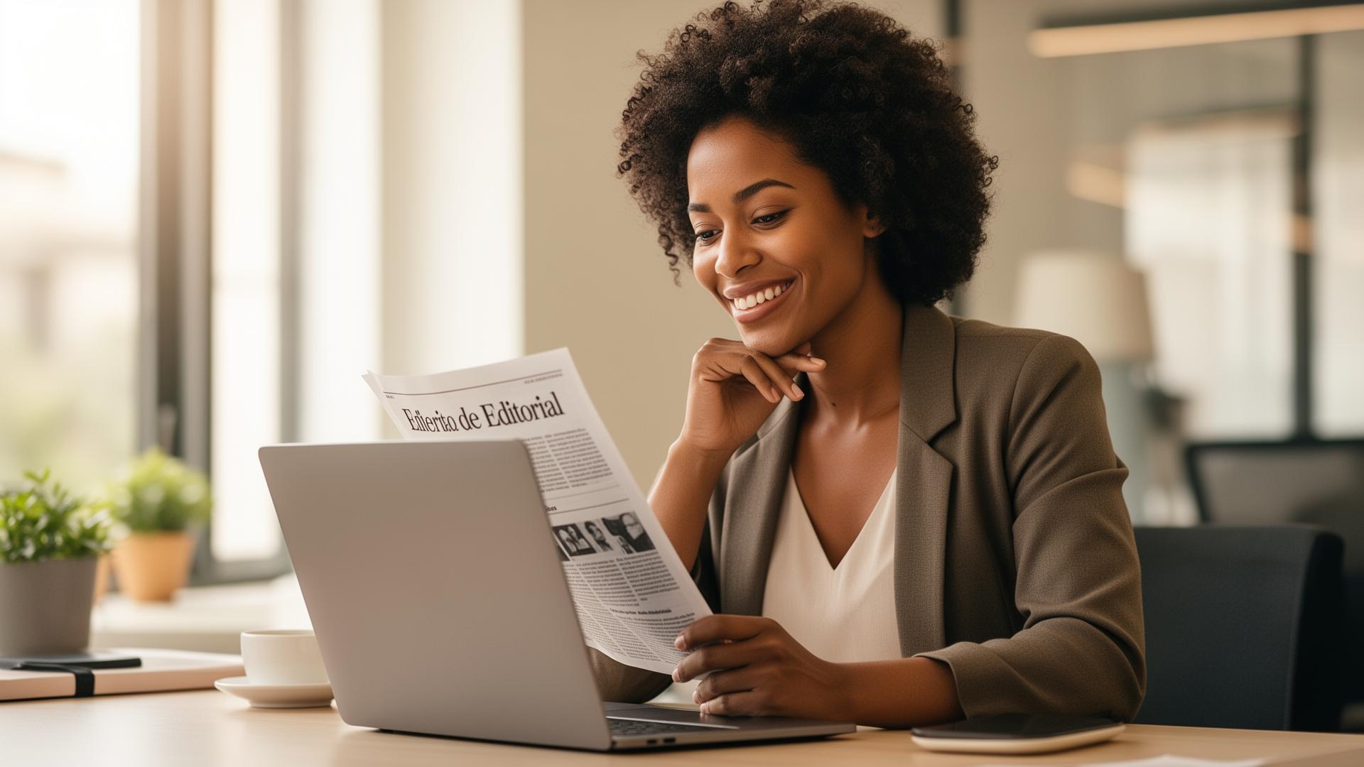 Profissional lendo conteúdo editorial em workspace iluminado