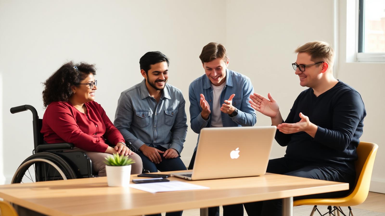 Equipe diversa colaborando em design inclusivo ao redor de um laptop