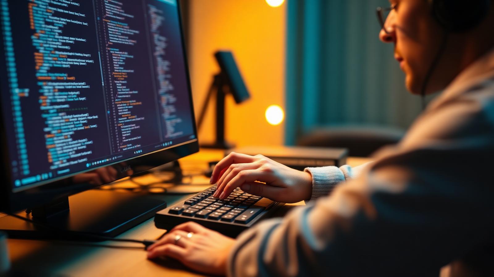 Pessoa programando com foco, ambiente quente e moderno
