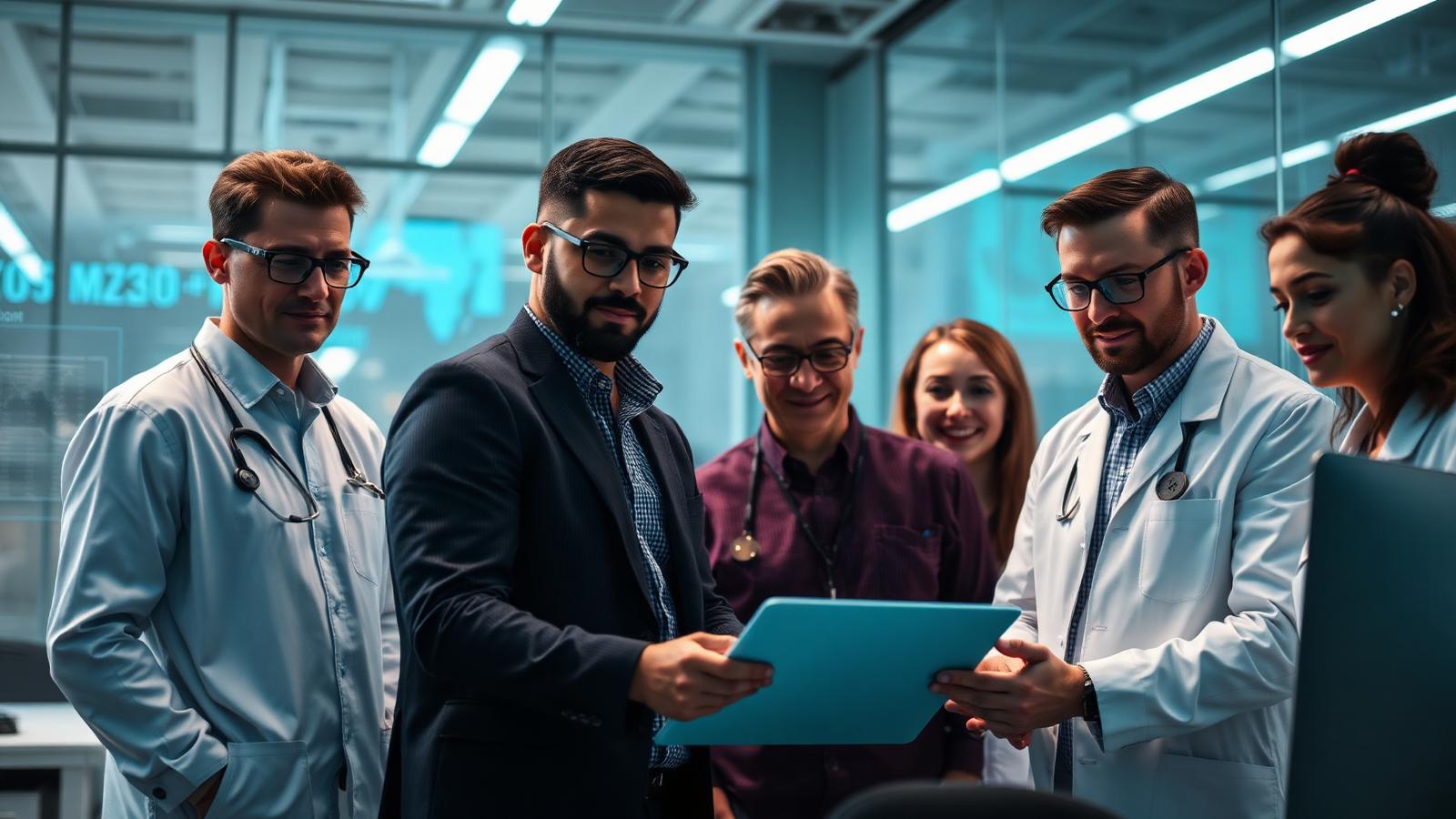 Squad sênior FractAi colaborando em sala de operação