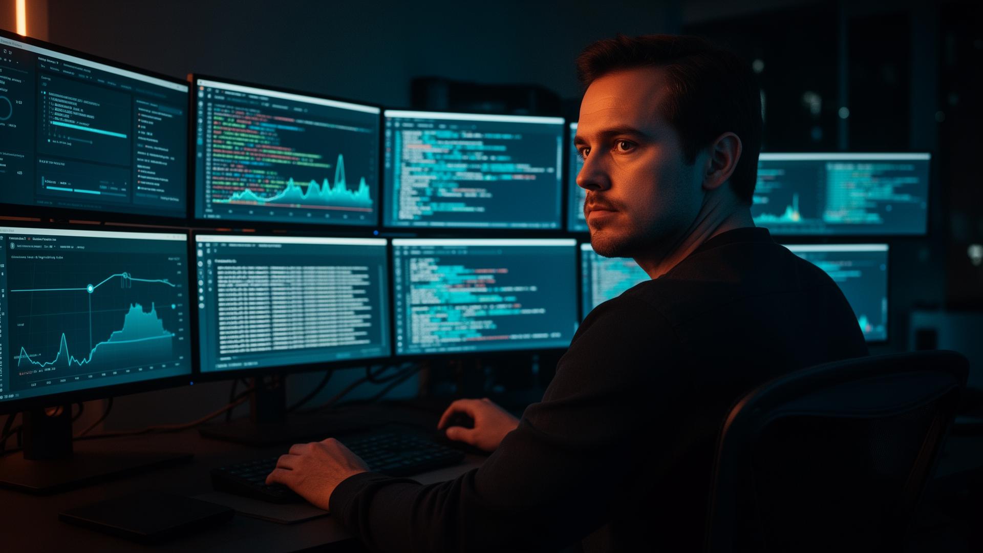 Reliability engineer on night watch in front of multiple monitors
