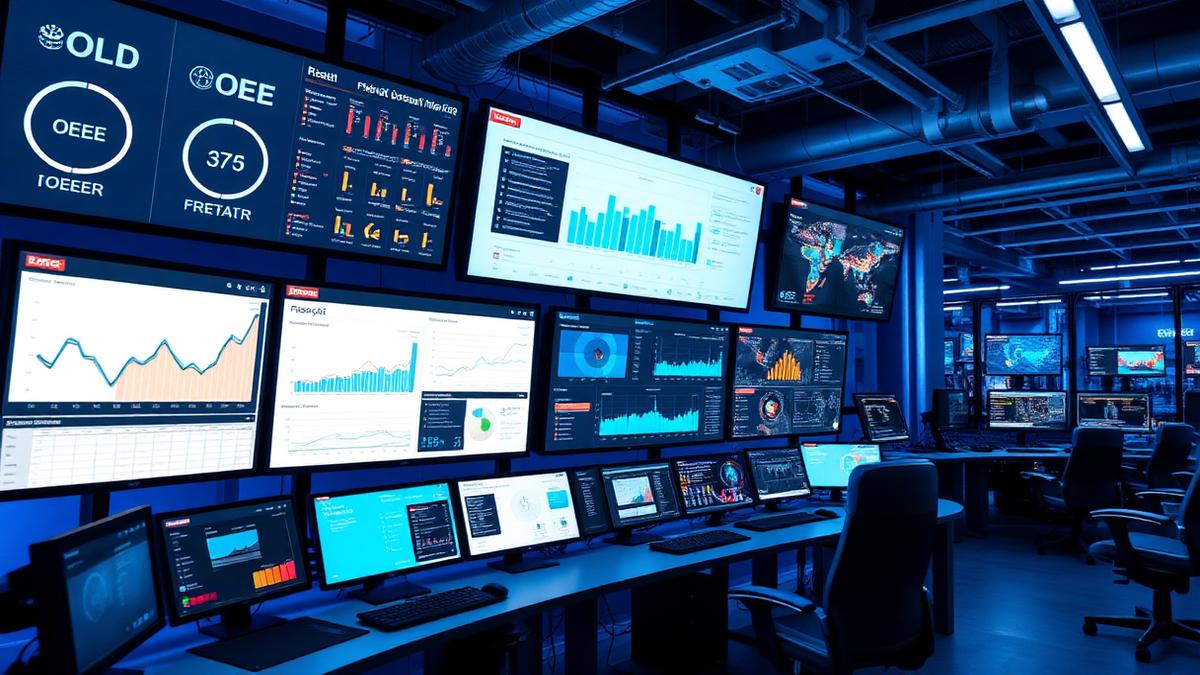 Sala de controle industrial com painéis de OEE