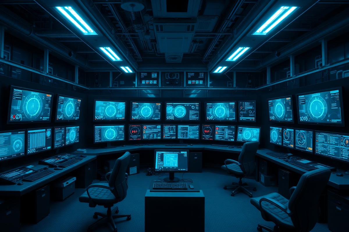 Sala de controle industrial com painéis